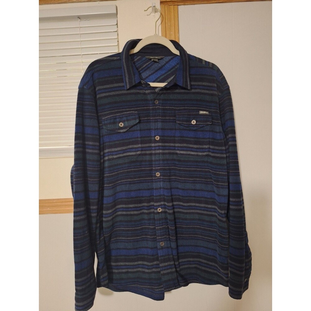 Eddie Bauer Fleece Shirt Mens L Blue Striped Long Sleeve Button Front Outdoors